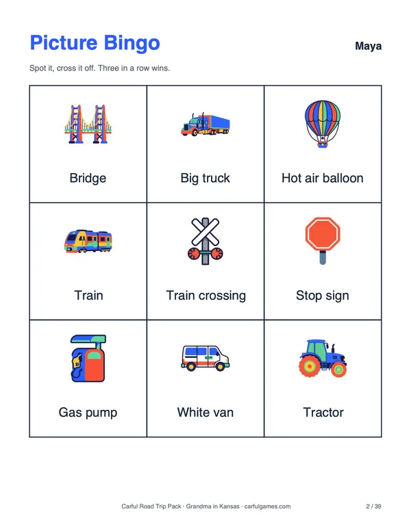 Picture bingo, two cards per kid, each with their name on it.
