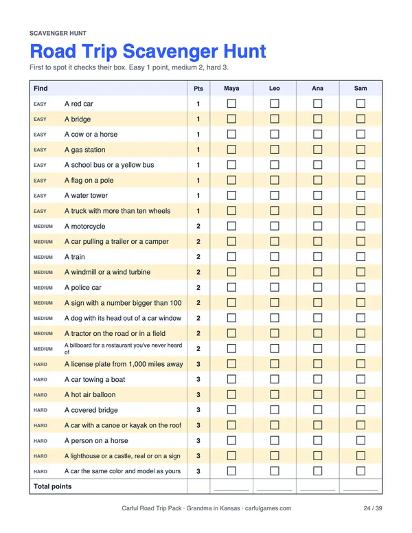 The scavenger hunt, with a checkbox column for each player.