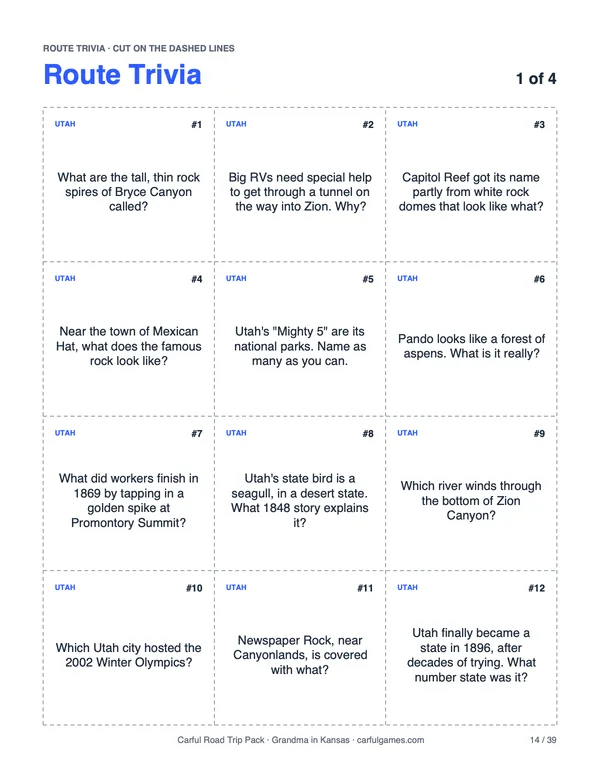 Route trivia for the states you pick, cut into cards.